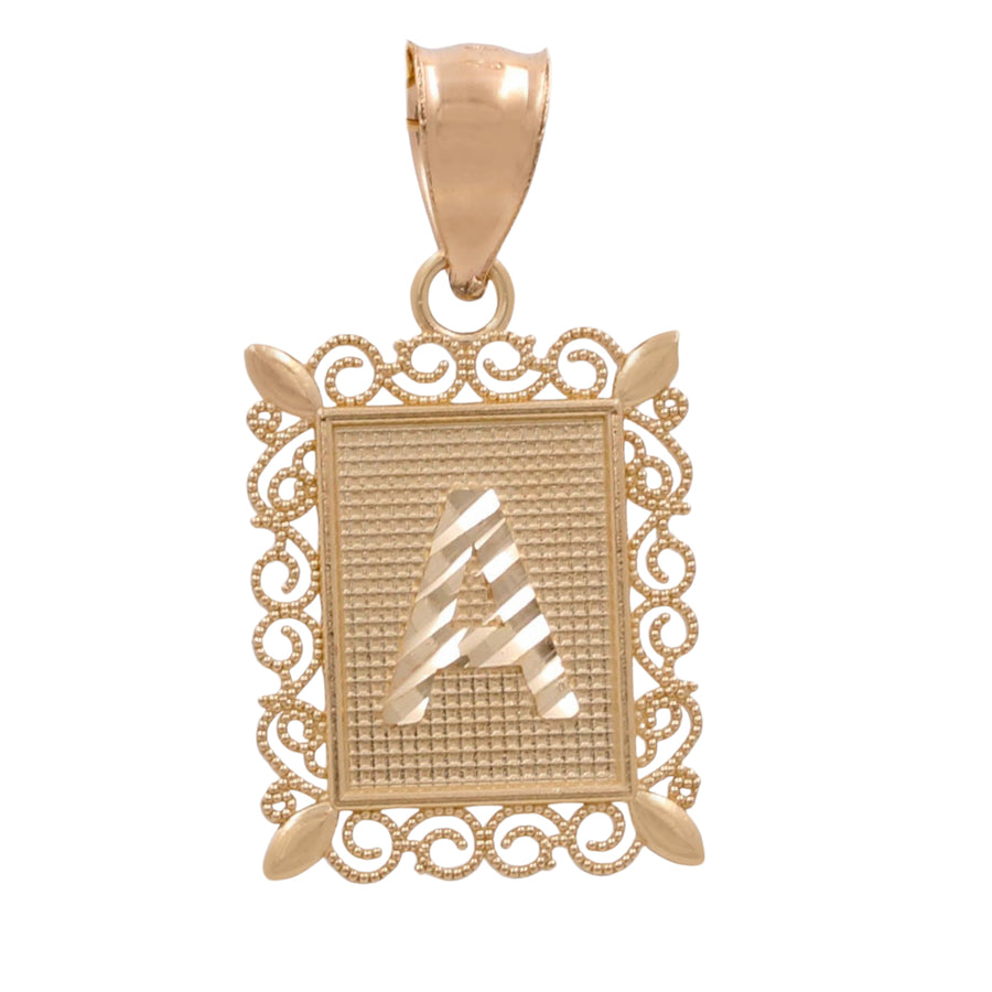 Miral Jewelry's 14K Yellow Gold A Initial Framed Pendant features an ornate frame with a textured background and a prominent letter "M" in the center.