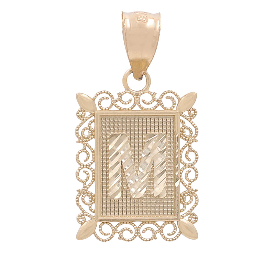14K Yellow Gold M Initial Framed Pendant by Miral Jewelry