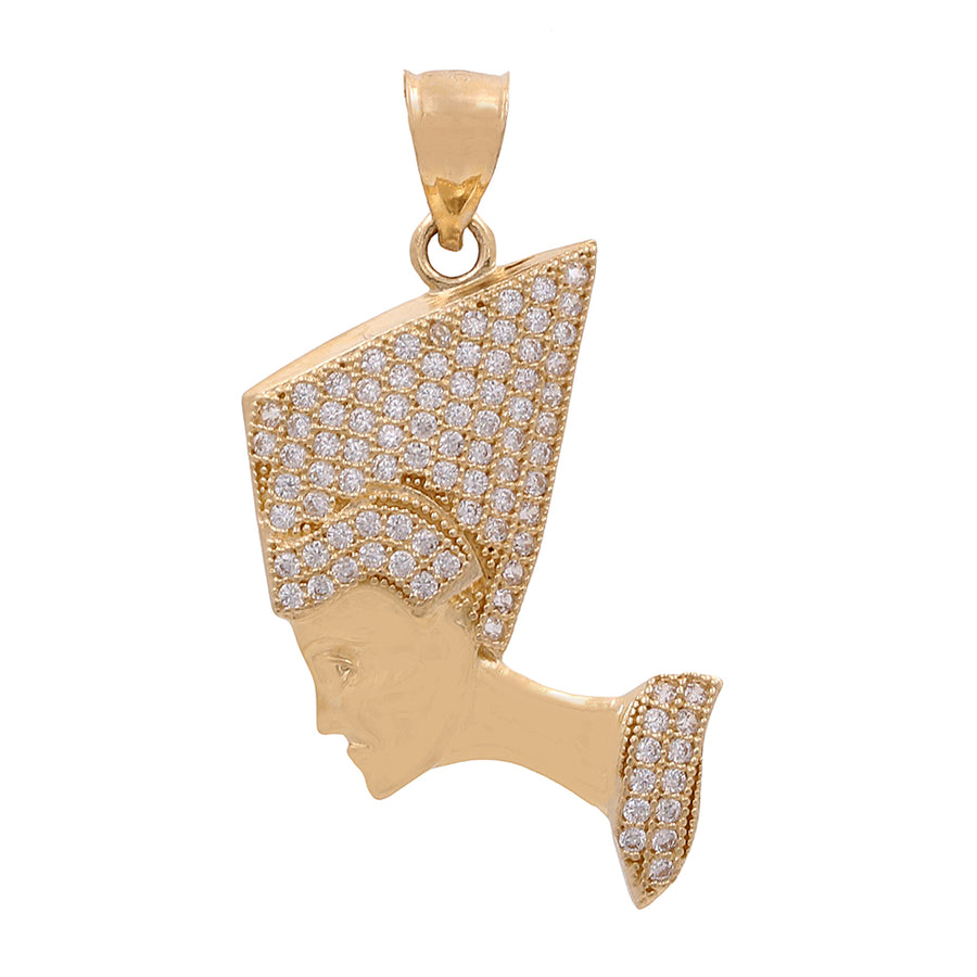 Miral Jewelry's 14K Yellow Gold Egyptian Head Pendant with Cubic Zirconias features a profile of a stylized Egyptian head with a headdress and collar encrusted with cubic zirconias on a white background.