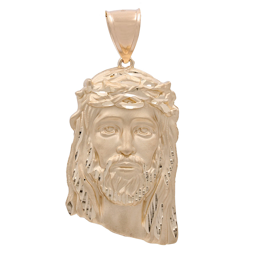 Miral Jewelry 14K Yellow Gold Jesus Head Pendant depicting the face of Jesus Christ with a crown of thorns, isolated on a white background.