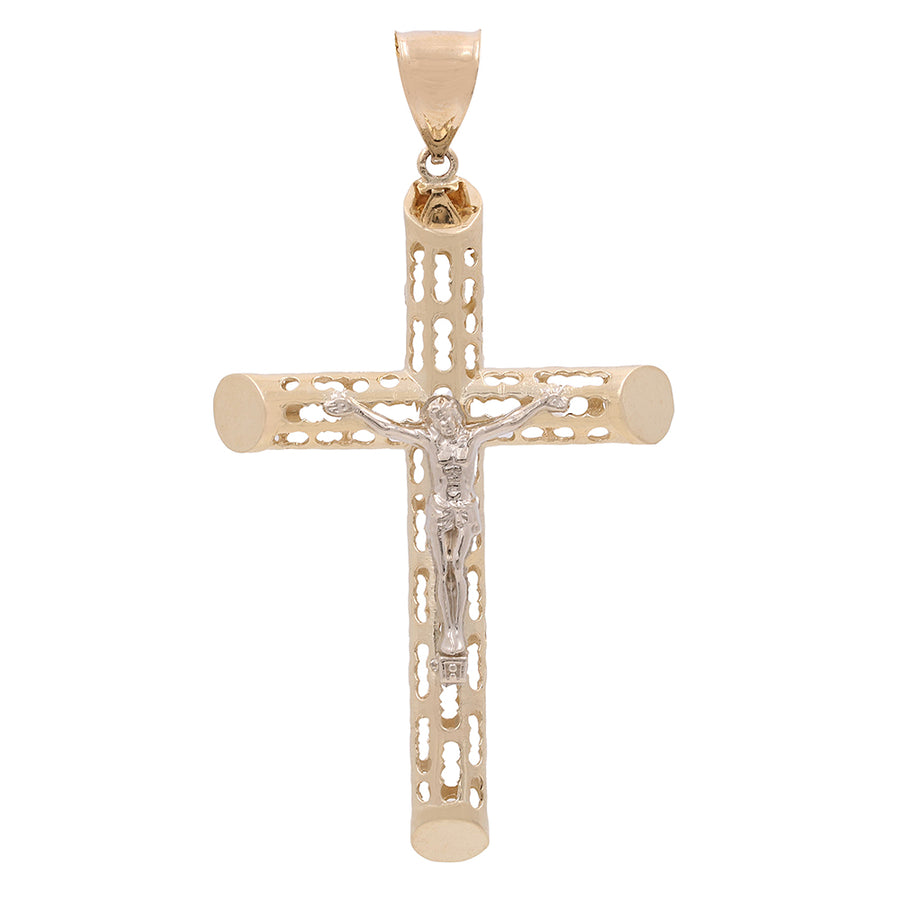 Miral Jewelry 14K Yellow and White Gold Jesus on the Cross Pendant featuring a textured design and a depiction of Jesus, crafted in 14K yellow gold.