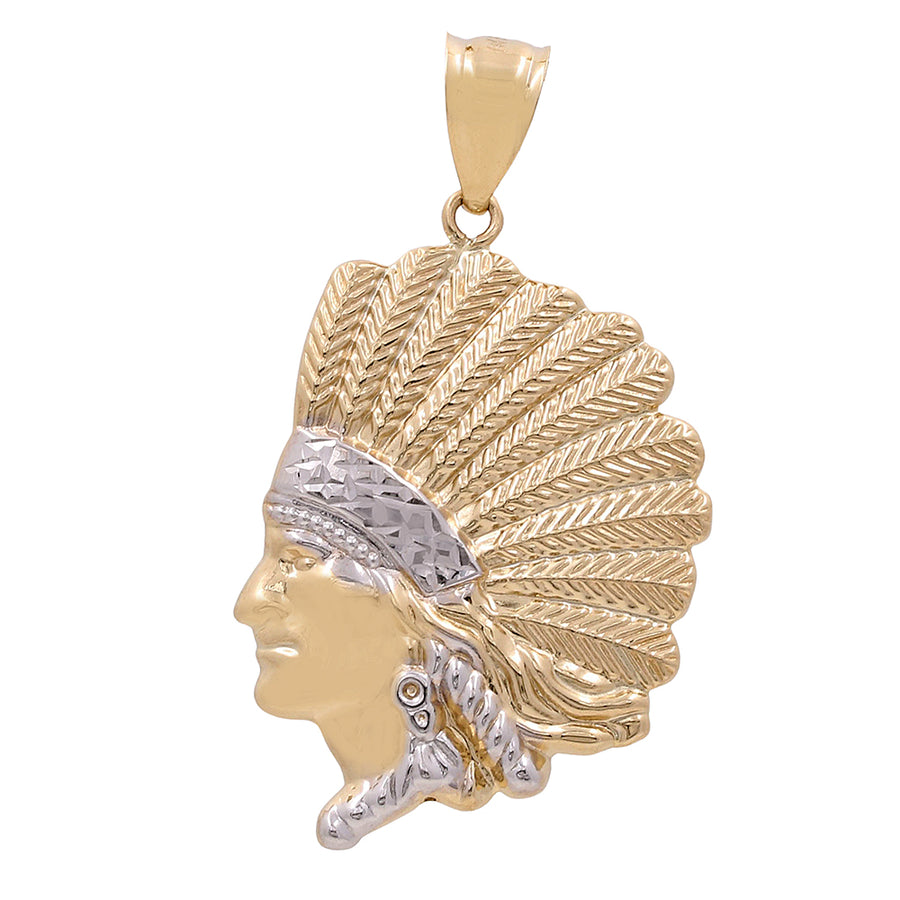 Miral Jewelry's 14K Yellow and White Gold Indian Head Pendant features a profile view of a native American chief with a detailed feather headdress.