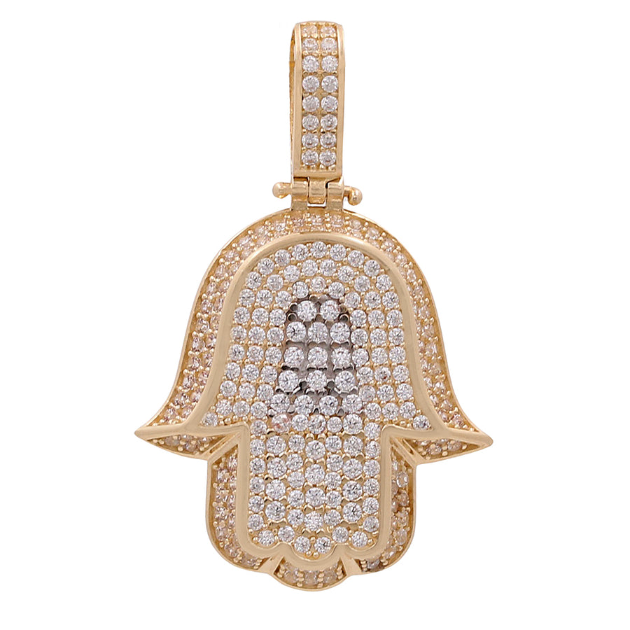Miral Jewelry's 14K Yellow Gold Hand of Fatima Pendant with Cubic Zirconias features a central cluster of diamonds surrounded by a double outline of cubic zirconias.