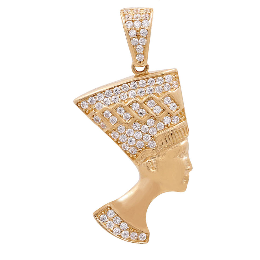 Miral Jewelry's 14K Yellow Gold Egyptian Head Pendant with Cubic Zirconias, shaped like the profile of an Egyptian pharaoh's head and embellished with numerous small cubic zirconias.