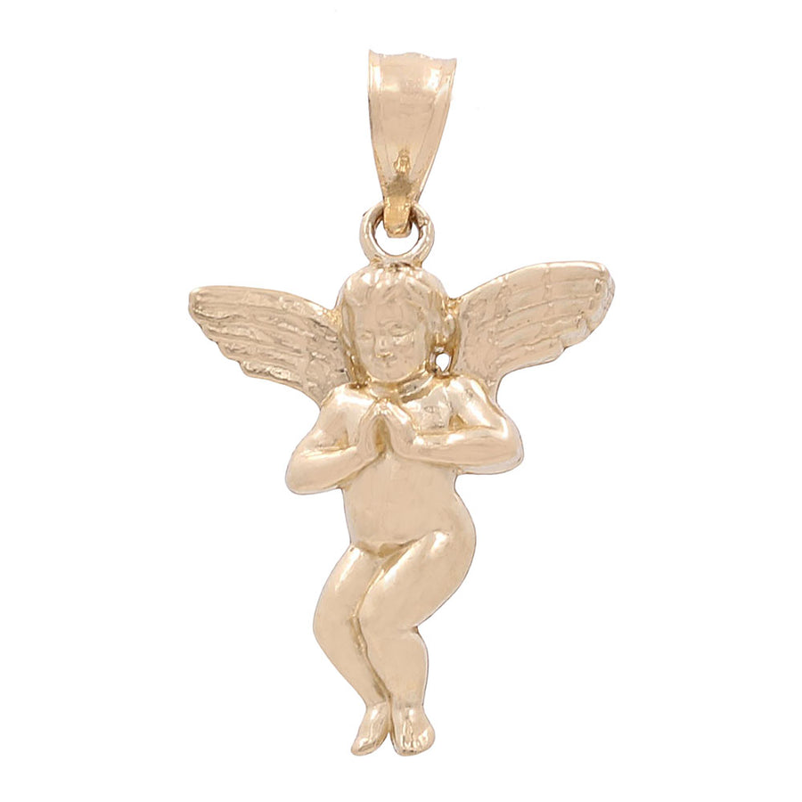 Miral Jewelry's 14K Yellow Gold Praying Angel Pendant featuring a cherub with folded hands and detailed wings, isolated on a white background, adorned with Cubic Zirconias.