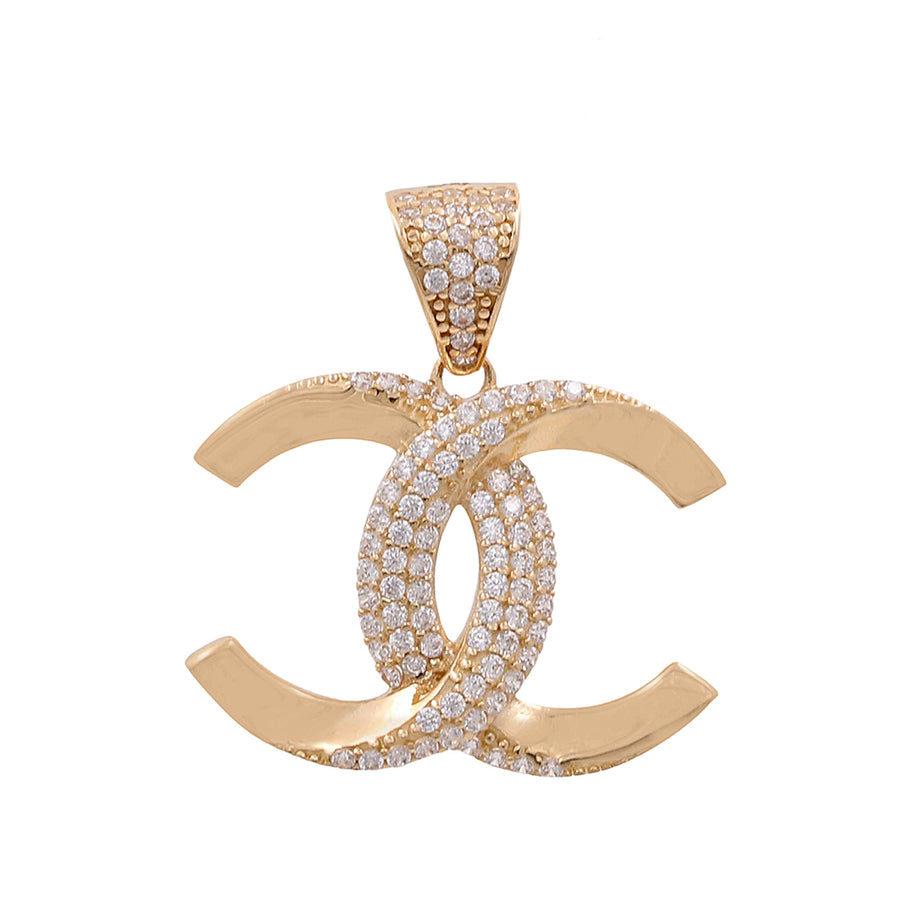 Miral Jewelry 14K Yellow Gold Fashion Pendant featuring a stylized double "c" logo encrusted with small cubic zirconias, isolated on a white background.