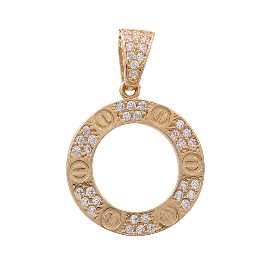 14K yellow gold circular pendant with diamond accents and engraved symbols, hanging from a matching gold bale.

Replace with:
Miral Jewelry's 14K Yellow Gold Fashion Pendant with Cubic Zirconias