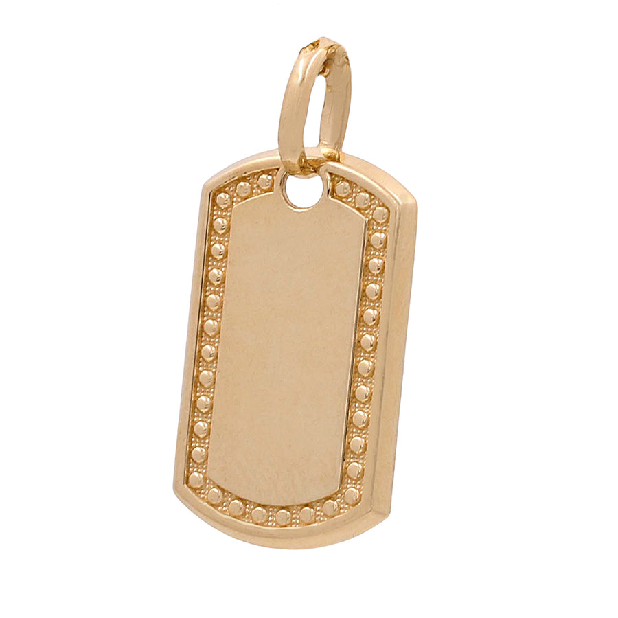 Miral Jewelry's 14K Yellow Gold Dog Tag Pendant with a border of small round cubic zirconias on an isolated white background.