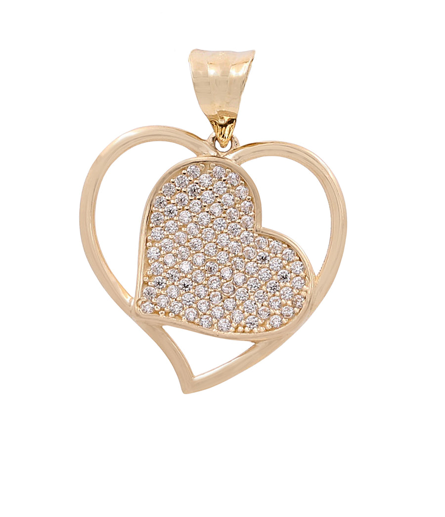 Miral Jewelry's 14K Yellow Gold Heart Inside a Heart Pendant with Cubic Zirconias, isolated on a white background.
