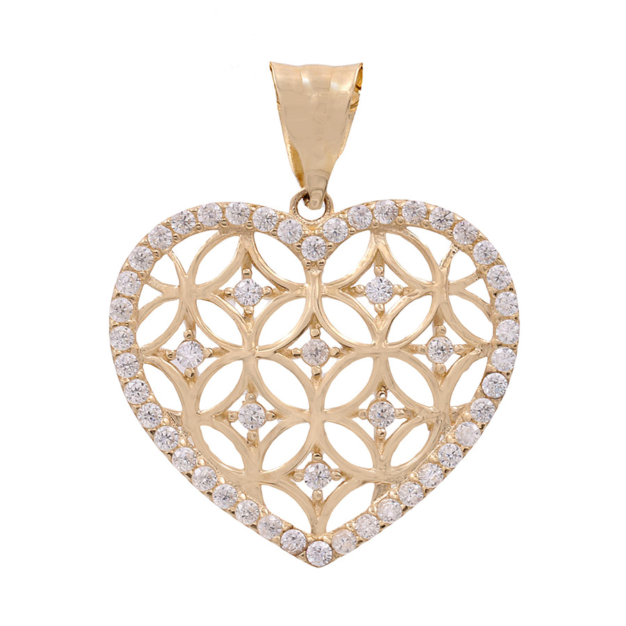 Miral Jewelry's 14K Yellow Gold Heart Pendant with Cubic Zirconias, featuring a filigree design and hanging from a simple gold bail.