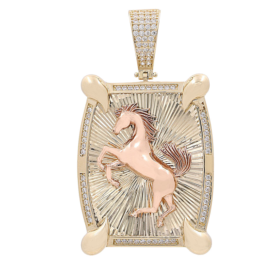 Miral Jewelry's 14K Yellow and Rose Gold Prancing Horse Pendant with Cubic Zirconias features a raised horse design on a sunburst pattern, encased in a cubic zirconia-studded border with a similarly adorned bail.