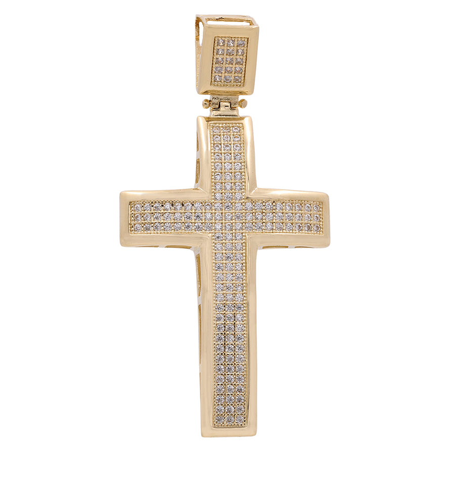 Miral Jewelry's 14K yellow gold cross pendant with cubic zirconias on a white background.
