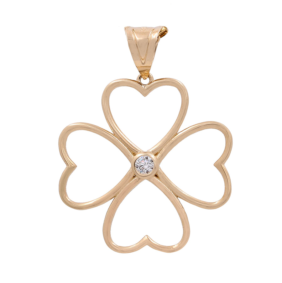 Miral Jewelry's 14K Yellow Gold Clover Pendant with Cubic Zirconias features a single cubic zirconia at the center, hanging from a triangular bail.