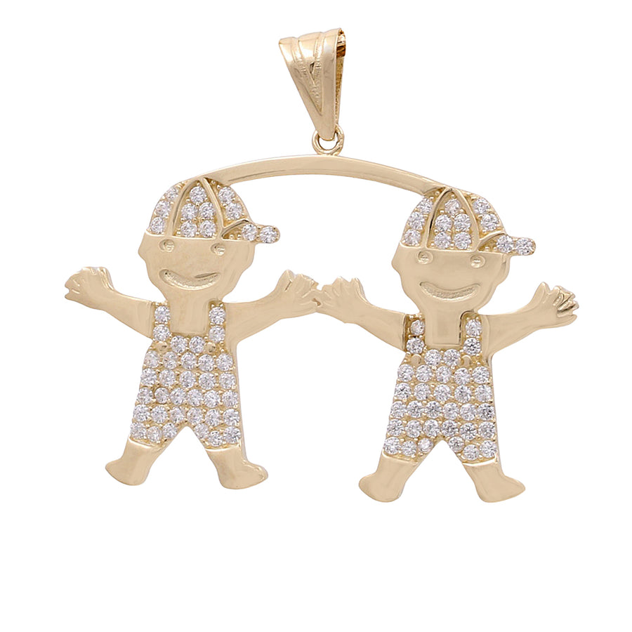 Miral Jewelry's 14K Yellow Gold Fashion Twin Boys Pendant with Cubic Zirconias features two cartoon-like figures holding hands, adorned with cubic zirconias on their outfits, suspended by a loop at the top.