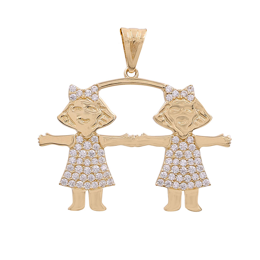 Miral Jewelry's 14K Yellow Gold Fashion Twin Girls Pendant with Cubic Zirconia featuring twin girls with bows, arms linked, embellished with small diamonds on the dresses and bows.
