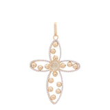 14K  Two Tone White/Yellow Gold Diamond Cut Cross with Beads Pendant