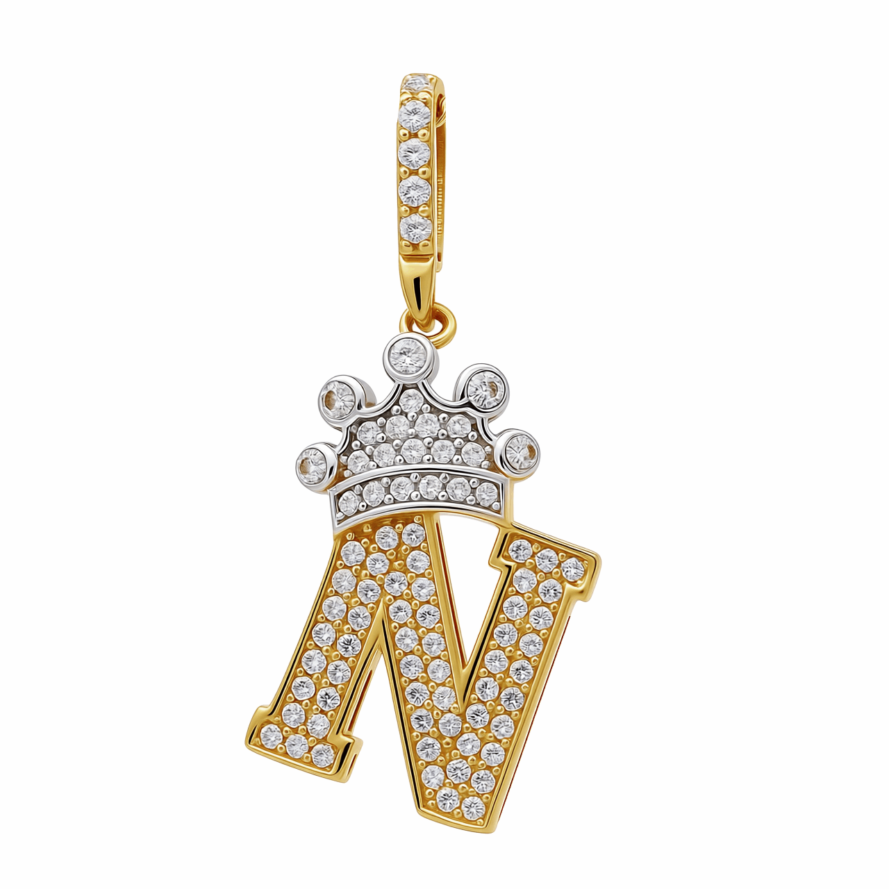 14K Two Tone White/Yellow Gold Inicial N with Crown Women's Pendant