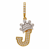 14K Two Tone White/Yellow Gold  Initial J with Crown and Cz Pendant