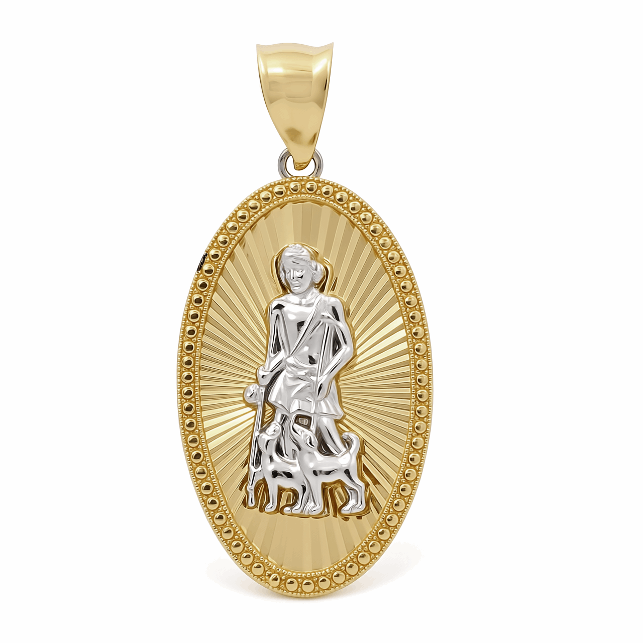 14K Two Tone White/Yellow  Gold Oval San Lazaro Medal Pendant