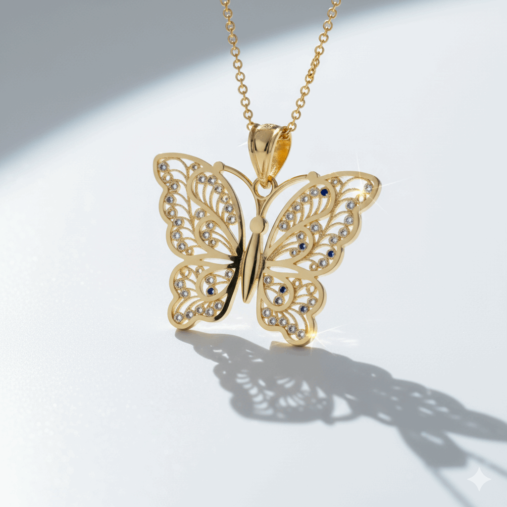 14K Yellow Gold Diamond Cut Butterfly Pendant