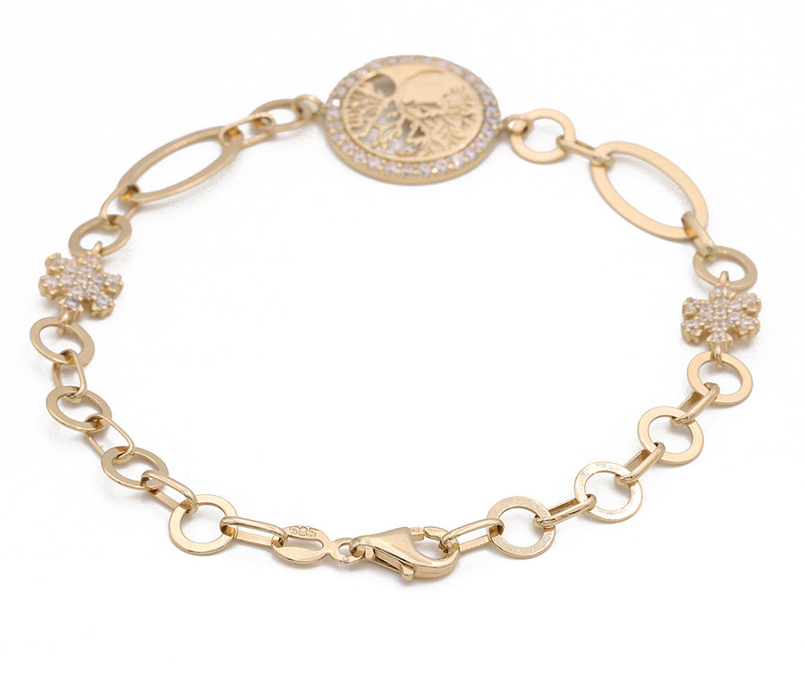 A stunning Yellow Gold 14K Tree of Life Bracelet adorned with sparkling diamonds from Miral Jewelry.