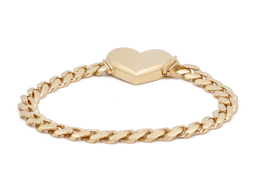 Miral Jewelry's 14K Yellow Gold Fashion Heart Cuban Link Bracelet with a heart-shaped clasp on a white background.