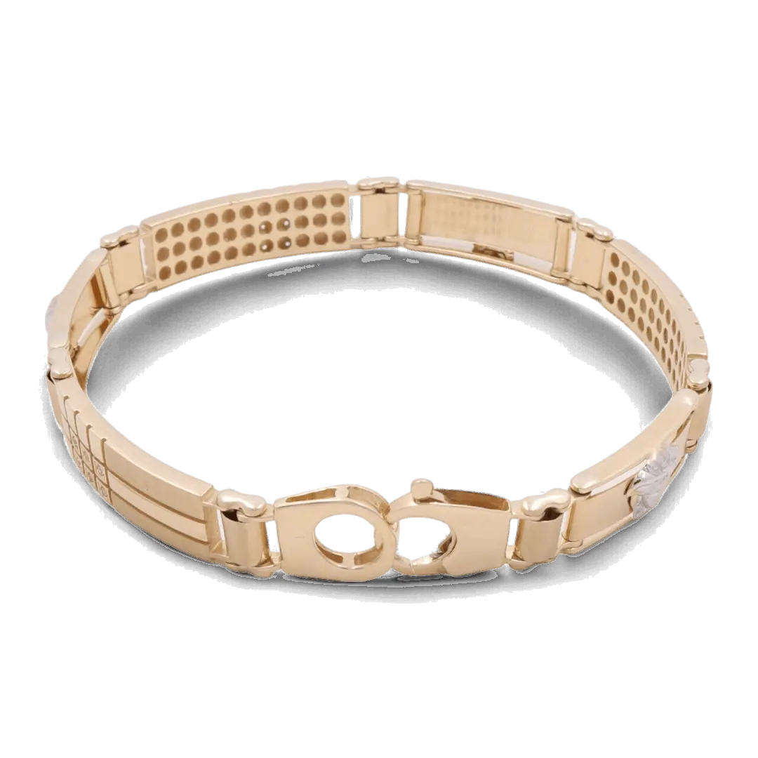 A stunning piece of fashion jewelry, the Miral Jewelry 14K Yellow and White Gold Fashion Italian Medusa Bracelet showcases a 14K yellow gold textured band and a secure clasp.