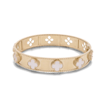 The 14K Yellow Gold Fashion Flower Women's Mother of Pearl Bracelet by Miral Jewelry showcases floral and beaded designs with mother of pearl accents and cut-out flower shapes along the band.