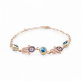 14K Two Tone Yellow/Rose Gold Hamsa Hand and Blue Eye Women's Bracelet