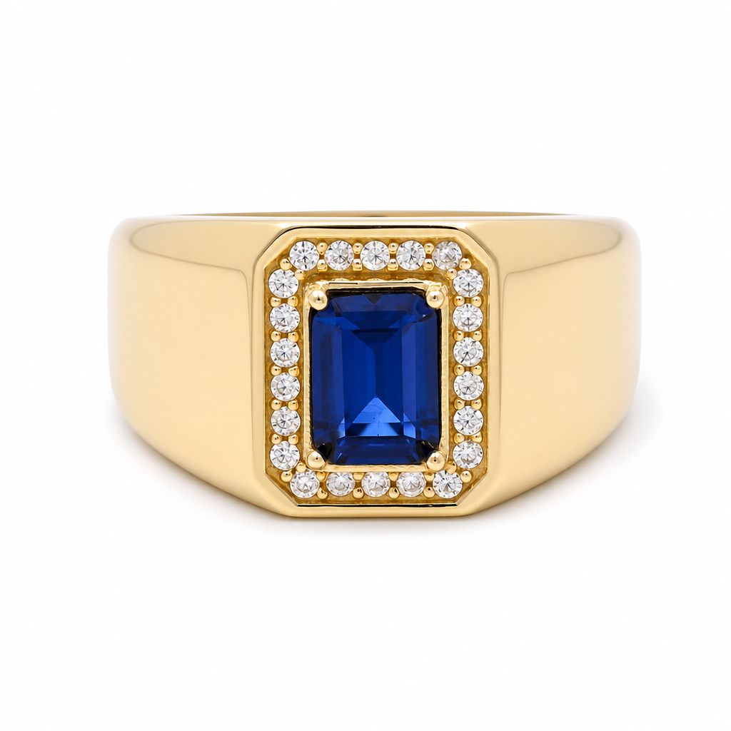 10K Yellow Gold Men's Blue Stone Ring with CZ Halo