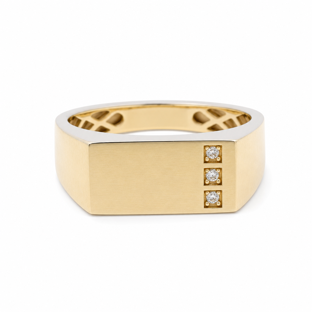 10K Yellow Gold Men's Bar Signet Ring with CZ Accents