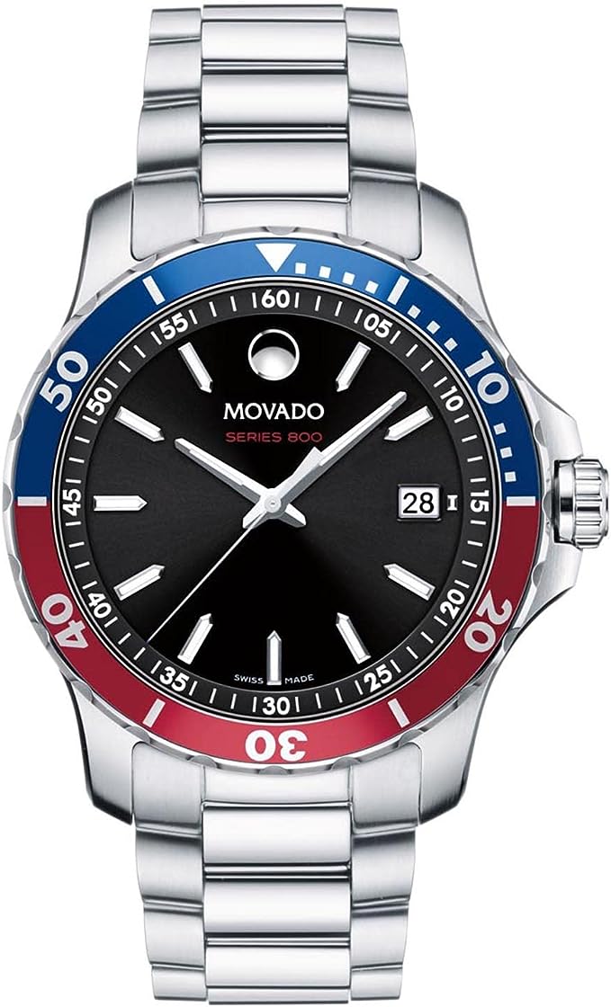 Miral Jewelry's Movado Series 800 Quartz Black Dial Pepsi Bezel men's watch with red, blue and silver dial.