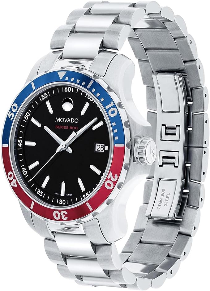 Miral Jewelry's Movado Series 800 Quartz Black Dial Pepsi Bezel Men's Watch features a stainless steel construction with red, blue, and black dial.
