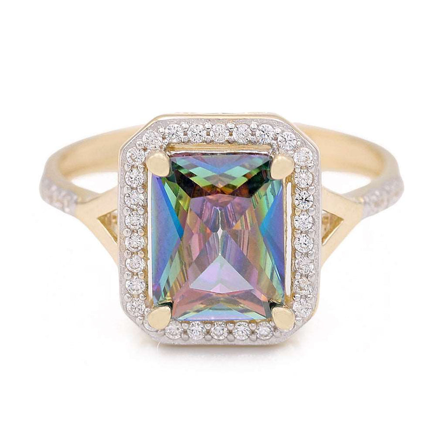 A colorful Miral Jewelry 14K Yellow Gold Fashion Ring adorned with a stunning rainbow topaz and diamond accents.