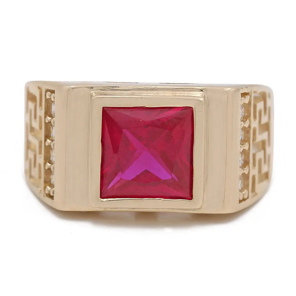 Yellow Gold 14K Fashion Ring by Miral Jewelry with a square red gemstone set in the center and intricate decorative patterns on the sides.