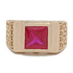 Yellow Gold 14K Fashion Ring by Miral Jewelry with a square red gemstone set in the center and intricate decorative patterns on the sides.