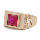 Presenting the **Yellow Gold 14K Fashion Ring** from **Miral Jewelry**, a stunning piece crafted in yellow gold 14K with a square-cut red gemstone at its center, featuring intricate designs and a row of sparkling CZ stones on the side.