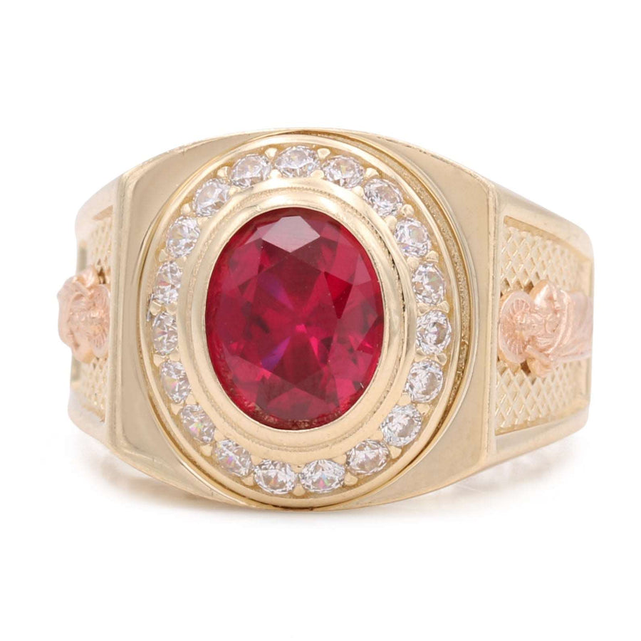 A Miral Jewelry 14K Yellow and Rose Gold Fashion Ring with Color Stone and Cubic Zirconias, perfect for any fashion-forward individual looking to add a touch of luxury to their ensemble.