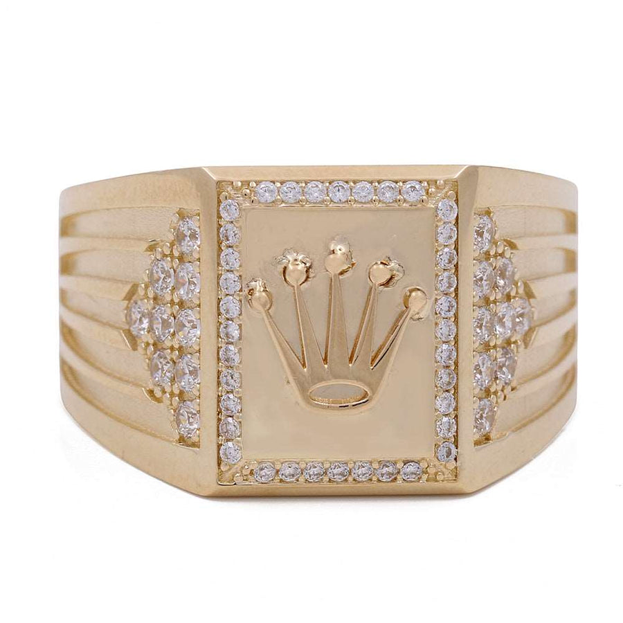 A Miral Jewelry 14K Yellow Gold Fashion Men's Ring with Cubic Zirconias with a crown and diamonds.