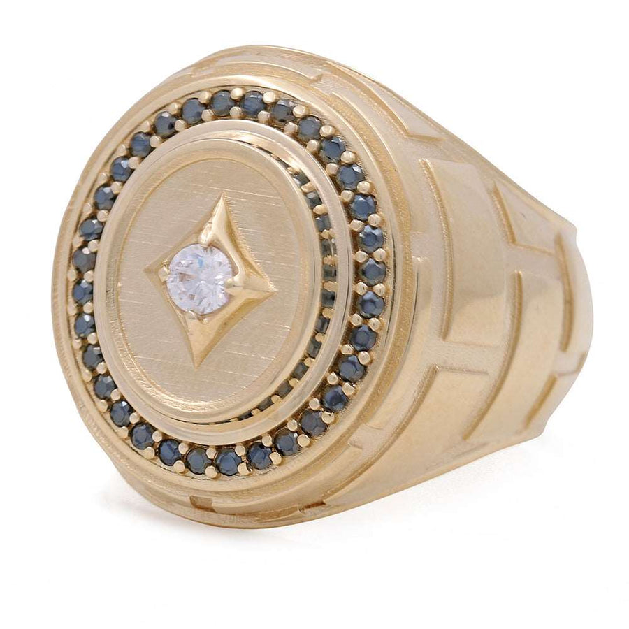 A Miral Jewelry 14K yellow gold men's ring adorned with blue diamonds.