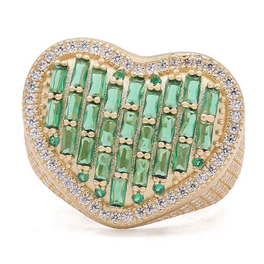 A heart shaped emerald and diamond Miral Jewelry fashion ring set in the 14K Yellow Gold Fashion Ring with Color Stones and Cubic Zirconias.
