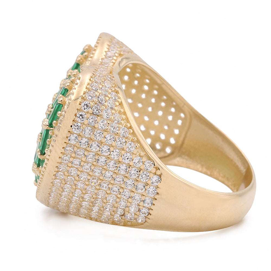A Miral Jewelry 14K Yellow Gold Fashion Ring with Color Stones and Cubic Zirconias adorned with emeralds and diamonds, making it a stylish fashion statement.
