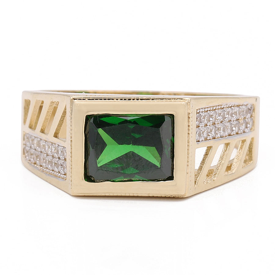 A Miral Jewelry 14K Yellow Gold Fashion Ring with Green Color Stone and Cubic Zirconias featuring emeralds and diamonds.