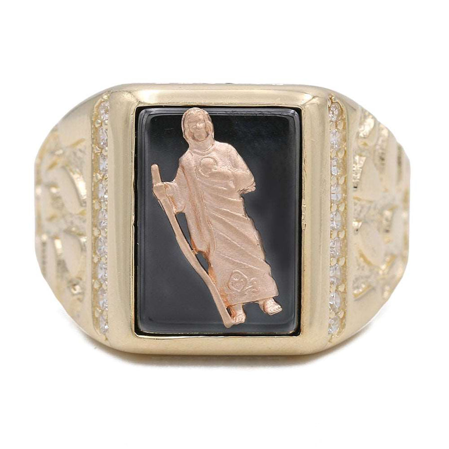 A Miral Jewelry 14K Yellow Gold Christ Design on Black Stone Ring with Cubic Zirconias with an image of Jesus.