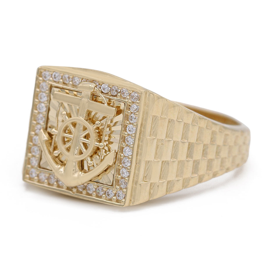 A Miral Jewelry Yellow Gold 14K Fashion Ring adorned with an anchor and diamonds.
