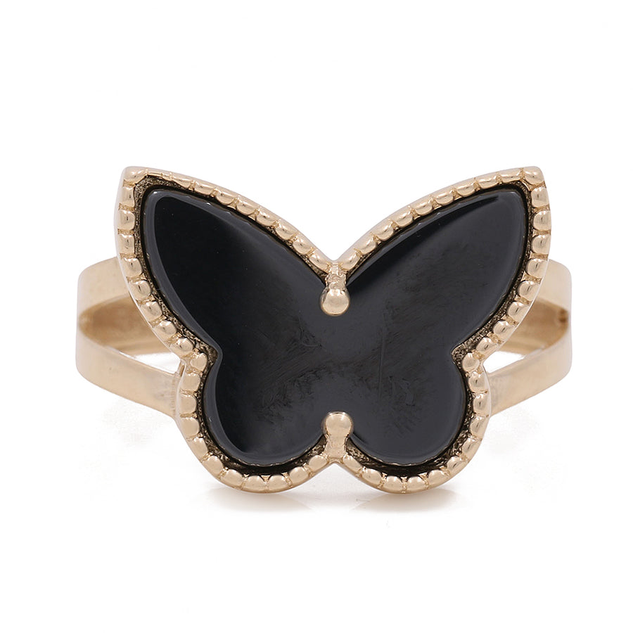 A 14K Yellow Gold with Black Onyx Butterfly Fashion Ring by Miral Jewelry, perfect for fashionable enthusiasts.