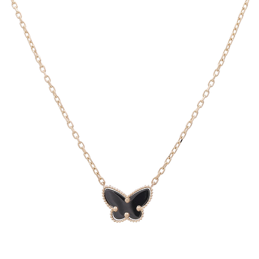 A Miral Jewelry 14K Yellow Gold Fashion Black Onyx Butterfly with Cubic Zirconia Necklace on a 14K yellow gold chain.