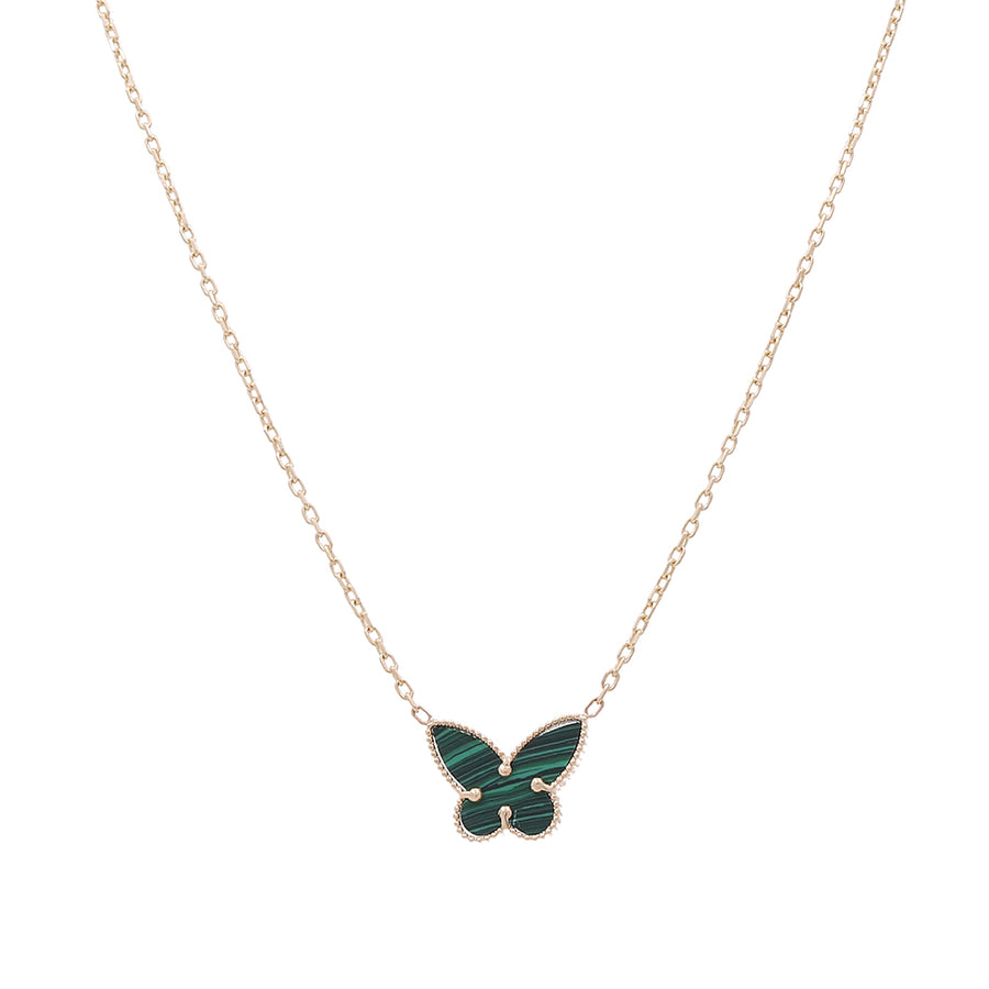 A 14K Yellow Gold Fashion Green Stone Butterfly with Cubic Zirconia Necklace from Miral Jewelry.