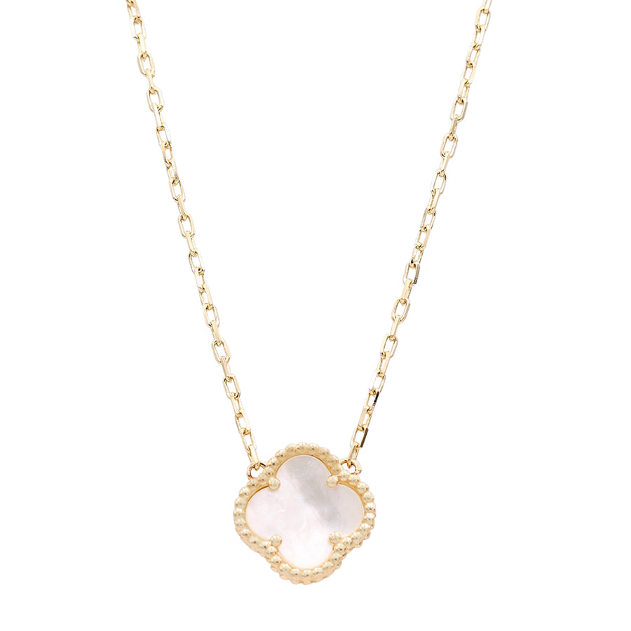 A Miral Jewelry Fashion Flower Mother of Pearl Necklace with a 14K Yellow Gold chain and a white mother of pearl pendant.