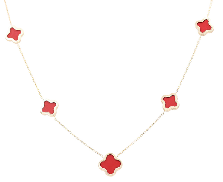 A Miral Jewelry necklace with coral-colored enamel and gold-plated 14K Yellow Gold Fashion Flowers.